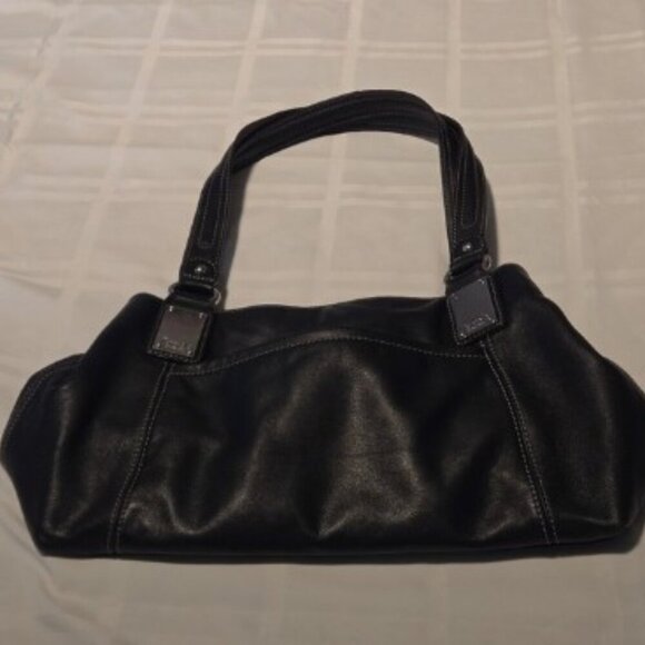 Tignanello Black Genuine Leather Double Handle Handbag Multicolor Striped Lining - Picture 1 of 13
